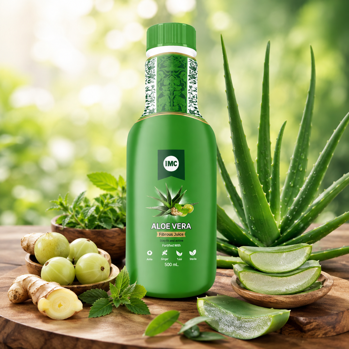 IMC Aloe Vera Fibrous Juice bottle with natural ingredients for immunity and digestive health