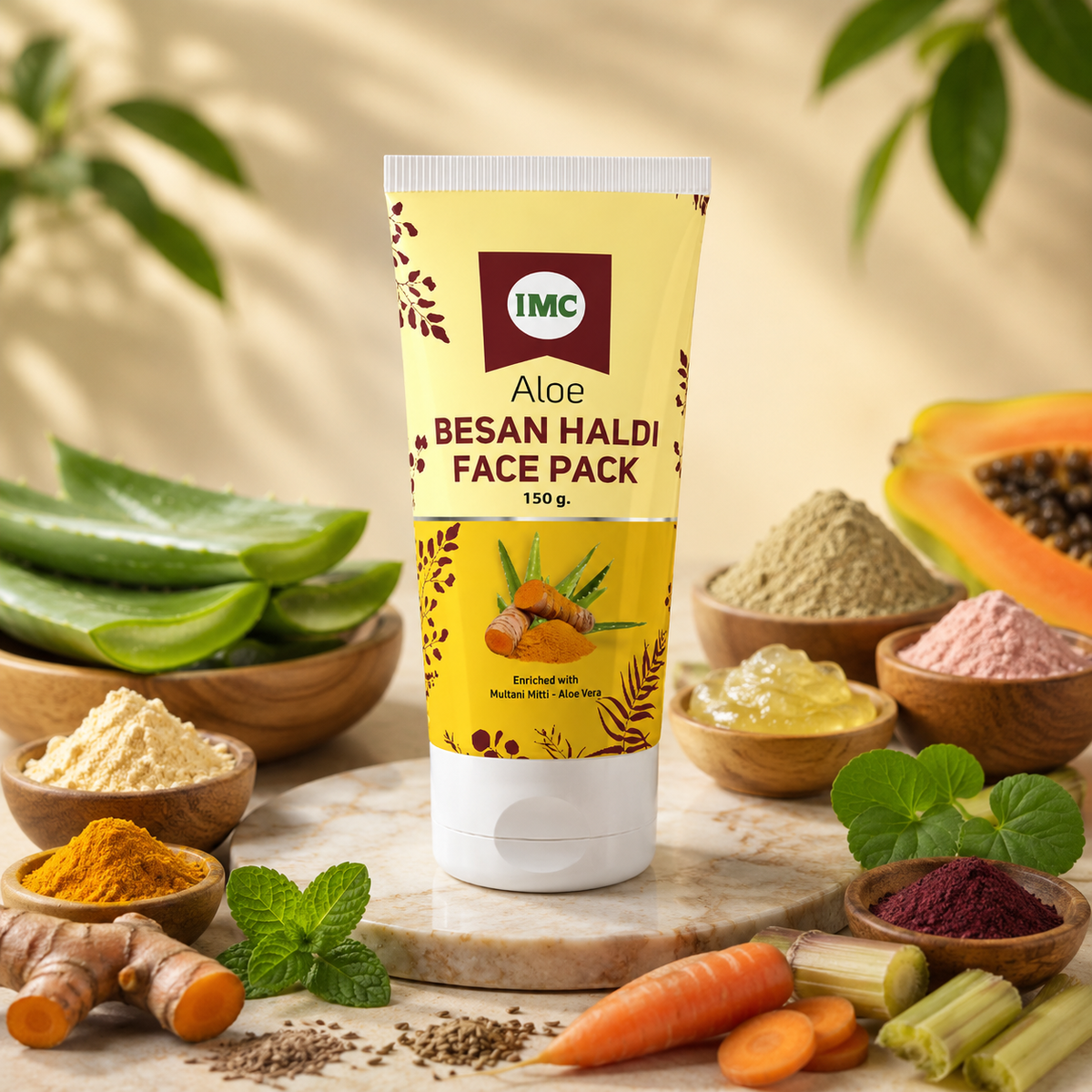 IMC Aloe Besan Haldi Face Pack jar with natural herbal ingredients for deep cleansing and skin rejuvenation