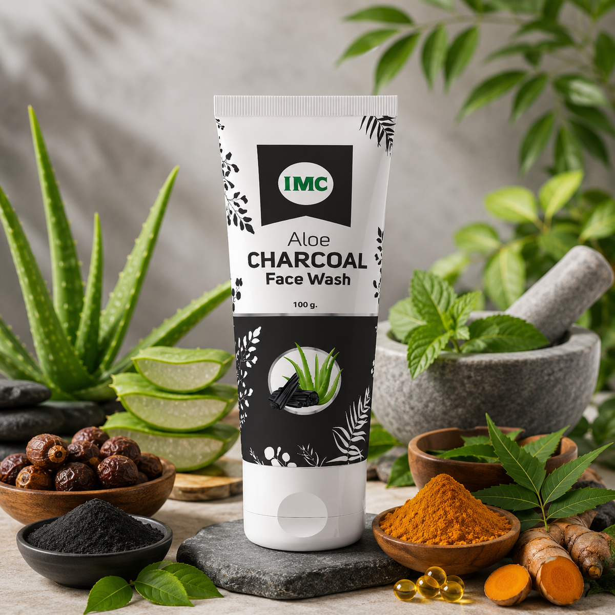 IMC Aloe Charcoal Face Wash tube with aloe vera and charcoal ingredients for deep cleansing and detoxifying skin