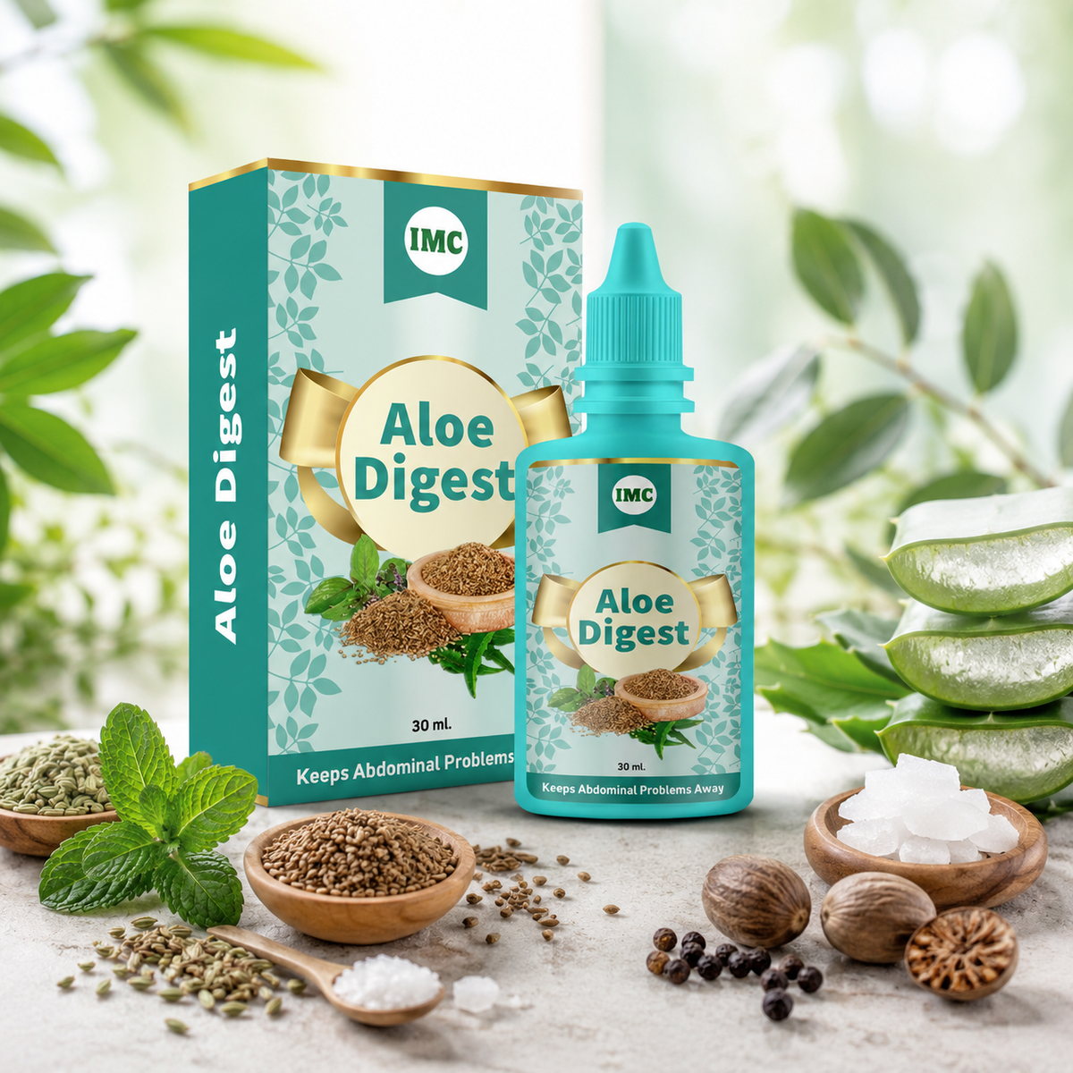 IMC Aloe Digest Ayurvedic digestive wellness drops in 30ml bottle for natural relief of gas, bloating, and indigestion