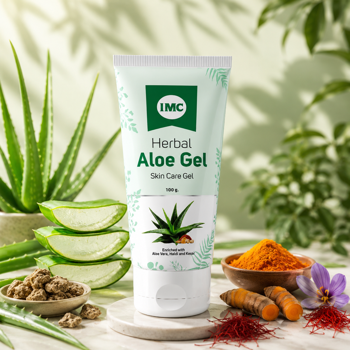 IMC Herbal Aloe Vera Gel with Kesar and Haldi for soothing, repairing, and glowing skin