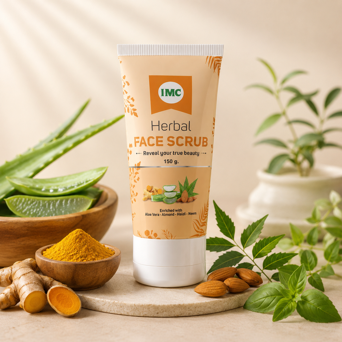 IMC Herbal Face Scrub tube with Aloe Vera and Almonds for gentle exfoliation and clearer skin