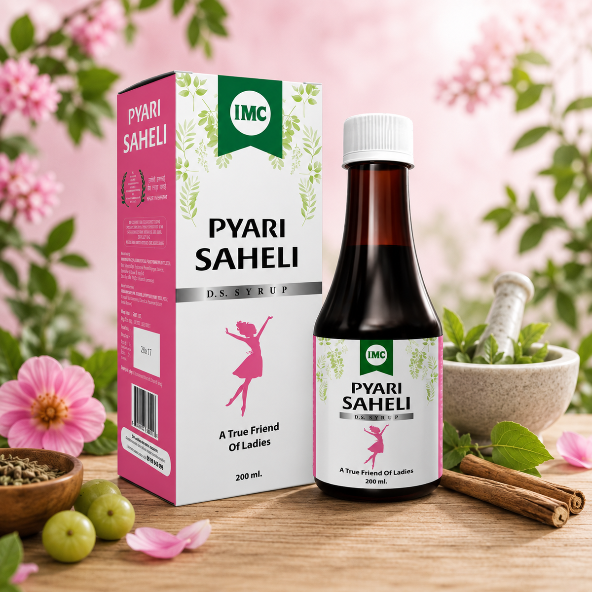 IMC Pyari Saheli Syrup bottle with Ayurvedic herbs for women's health and hormonal balance