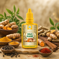 IMC Shri Haldi 4 in 1 Curcumin Drop bottle with Ayurvedic turmeric, kesar, black pepper, and dalchini ingredients for immunity and wellness